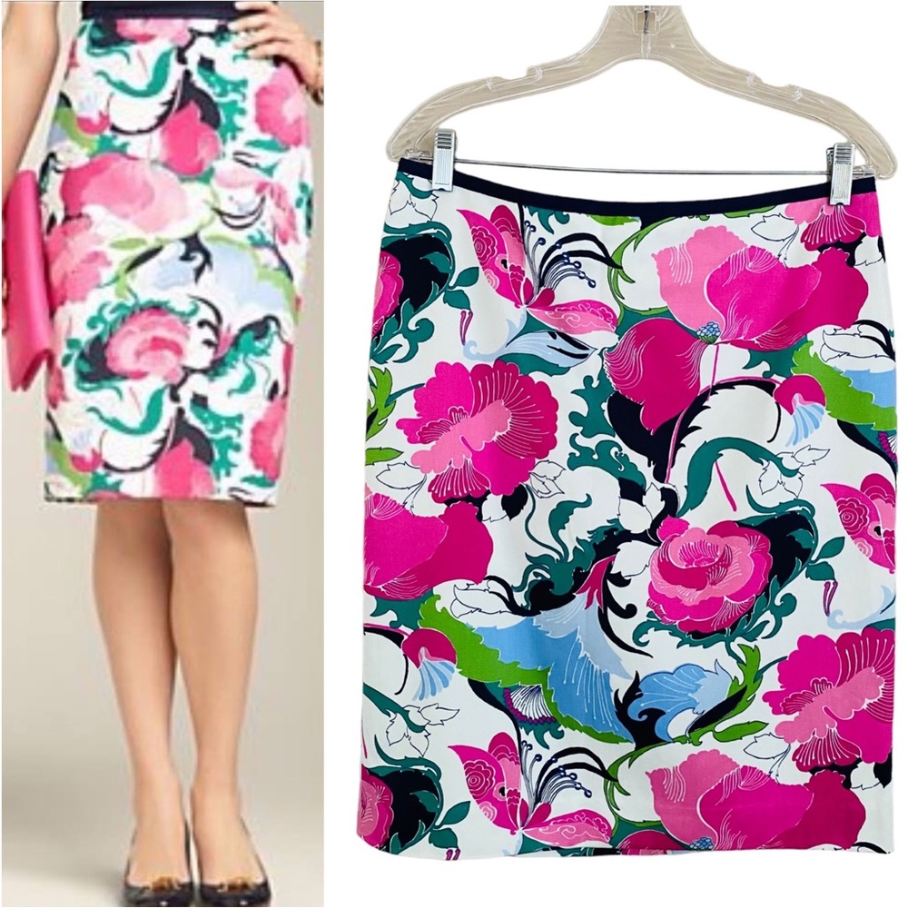 Talbots NWT Navy & Pink Colorful Floral Summer Ready Classic Pencil Skirt Sz 10